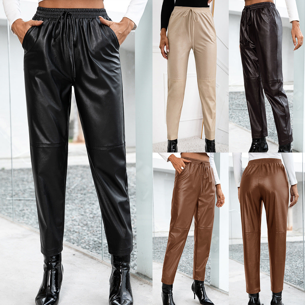 Casual Loose PU Elastic Leather Motorcycle Trousers