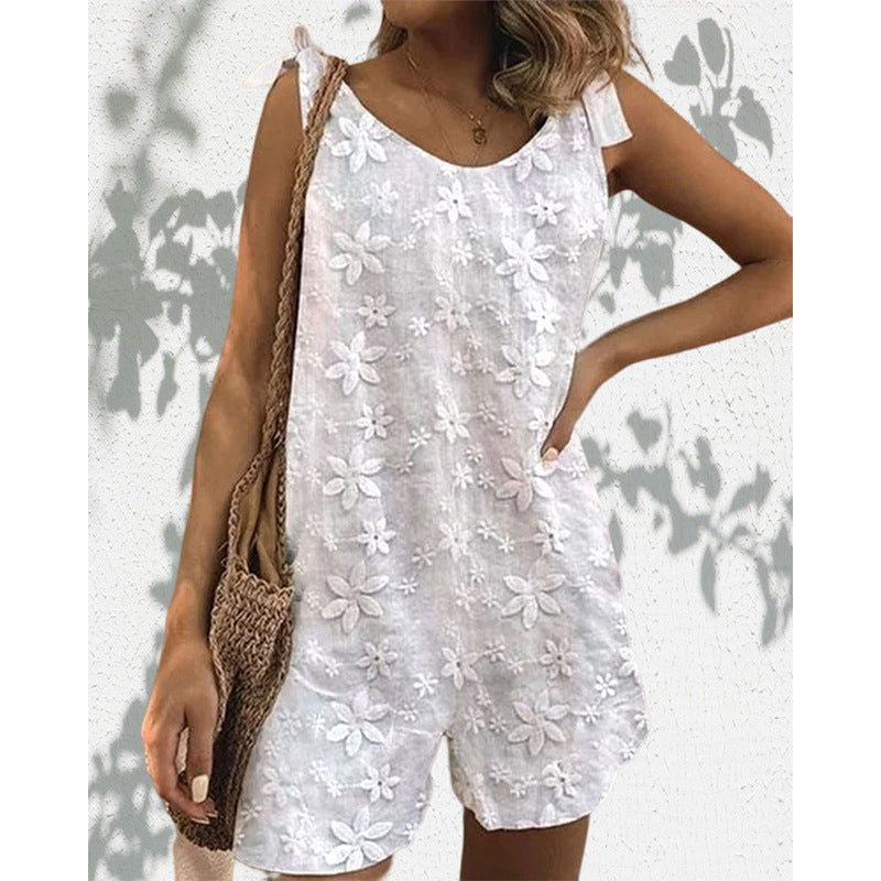 Sweet and Casual Lace Bow Shoulder Strap Jumpsuit