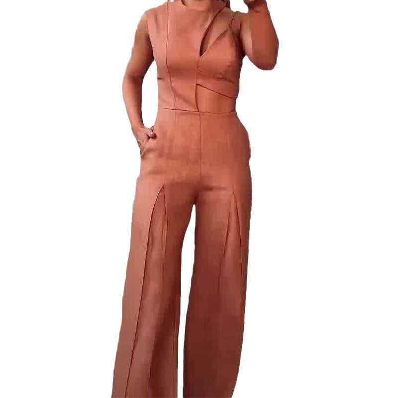 Round-Neck Hollow Out Wide Leg Jumpsuit with High Waist, Solid Color: Fashionable