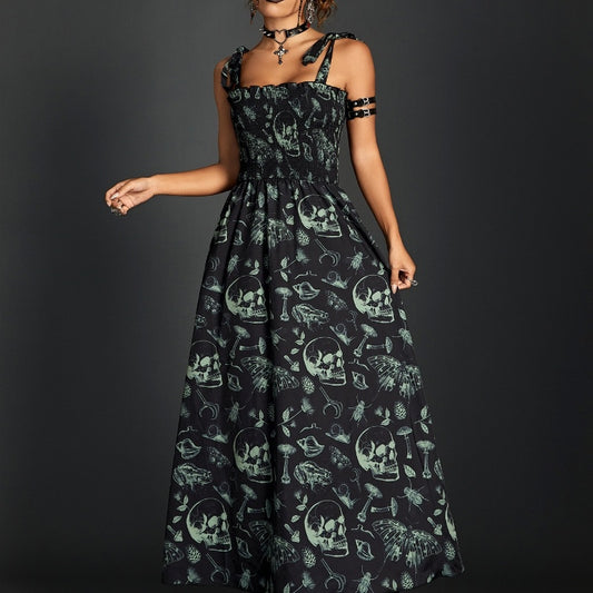 Smocking Lace-Up Tube Top Dress with Dark Printing