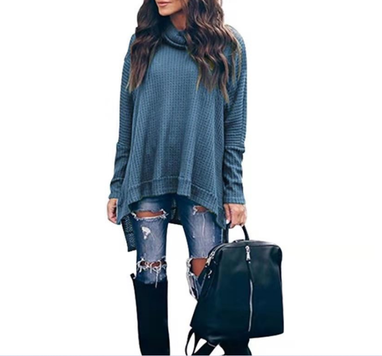 High Collar Long Sleeve Irregular Top Sweater for Women