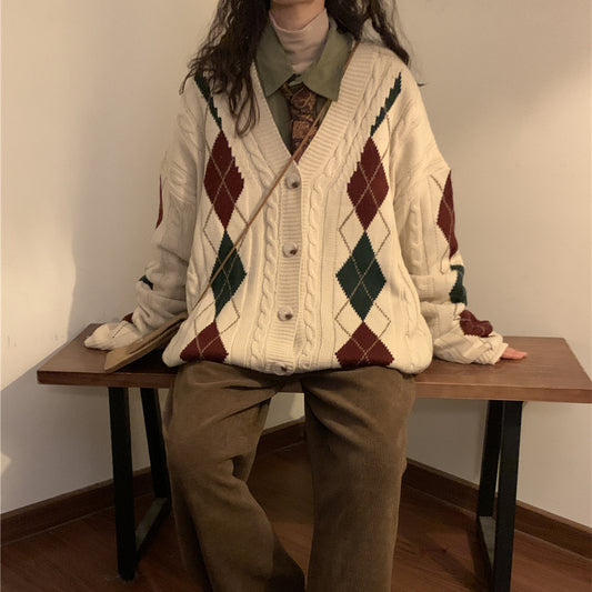 Loose-Fitting Plaid Cardigan Sweater Jacket Vintage Style
