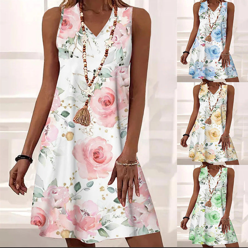 Summer V-neck Sleeveless Beach Dress Floral Print Dress for Women