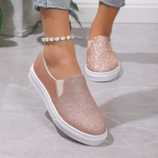 Step Out in Style with Round Toe Sequined Flat Loafers for Women