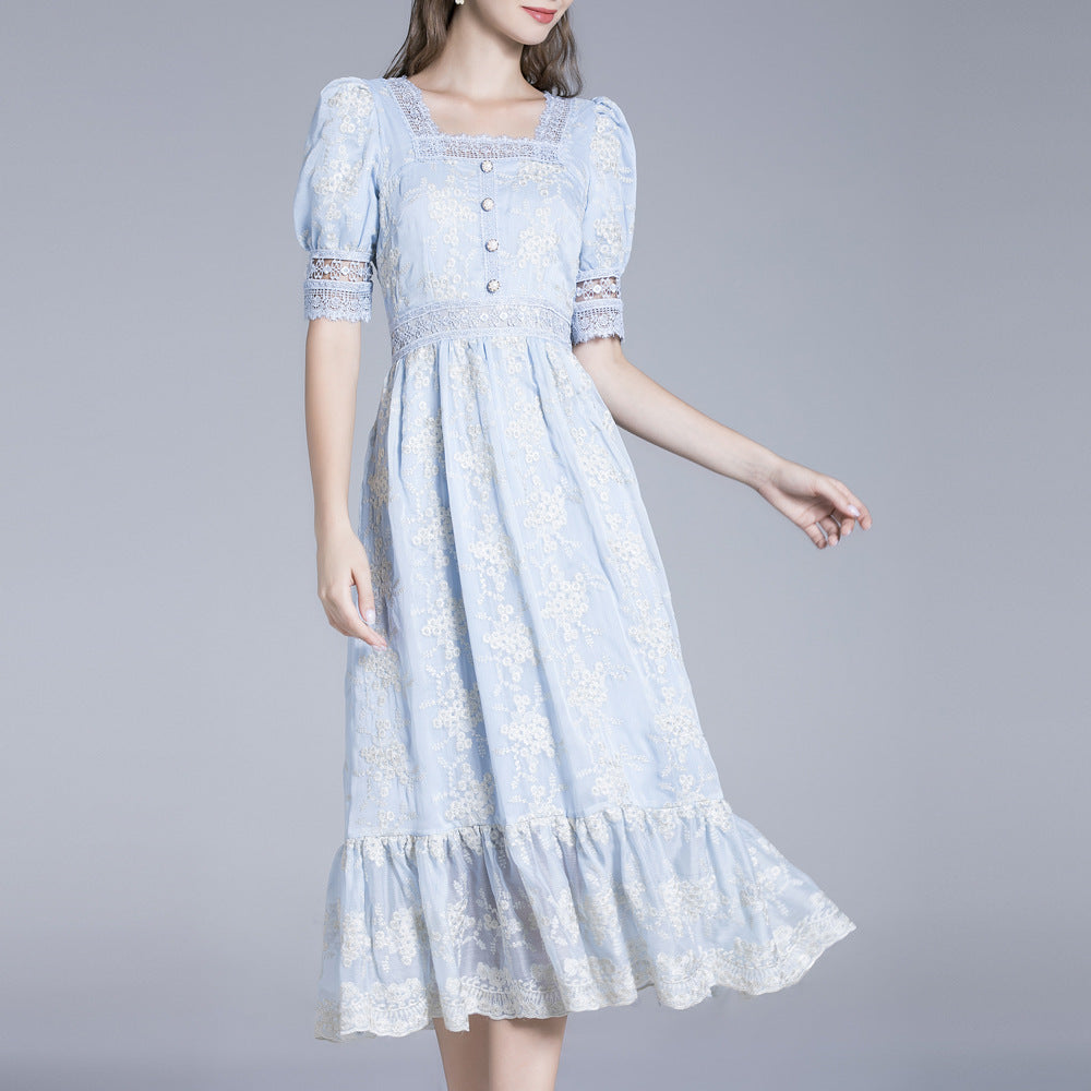 Goddess Temperament Gentle Blue French Mesh Lace Long Dress