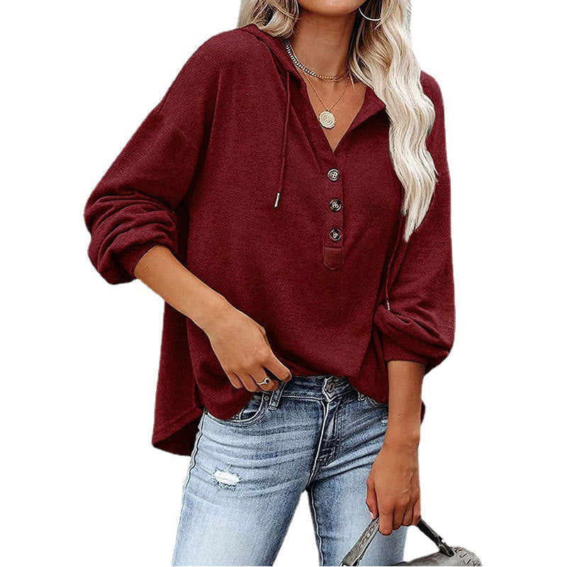 V-neck Long Sleeved Hooded Sweater Women's Sports Pullover Sweatshirt