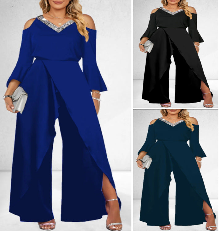 V-neck Basic Business Elegant Wide-leg Pants