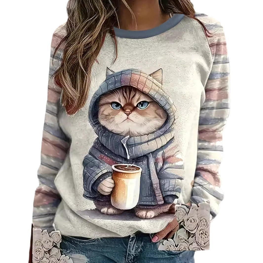 Summer Trendy Women's Commuter Top with Cute Kitten Print