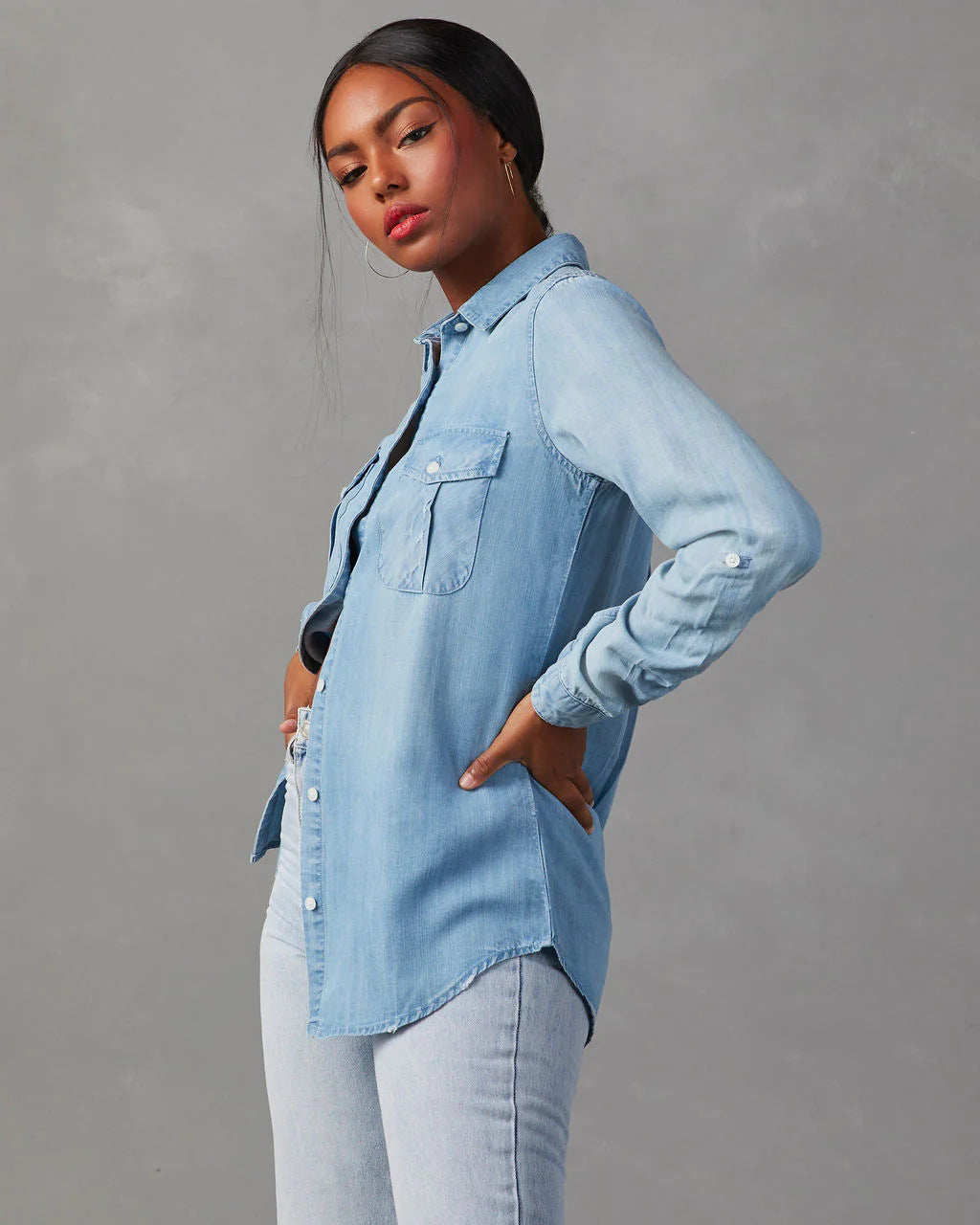 Women's Leisure Lapel Single-Breasted Long Sleeve Denim Shirt