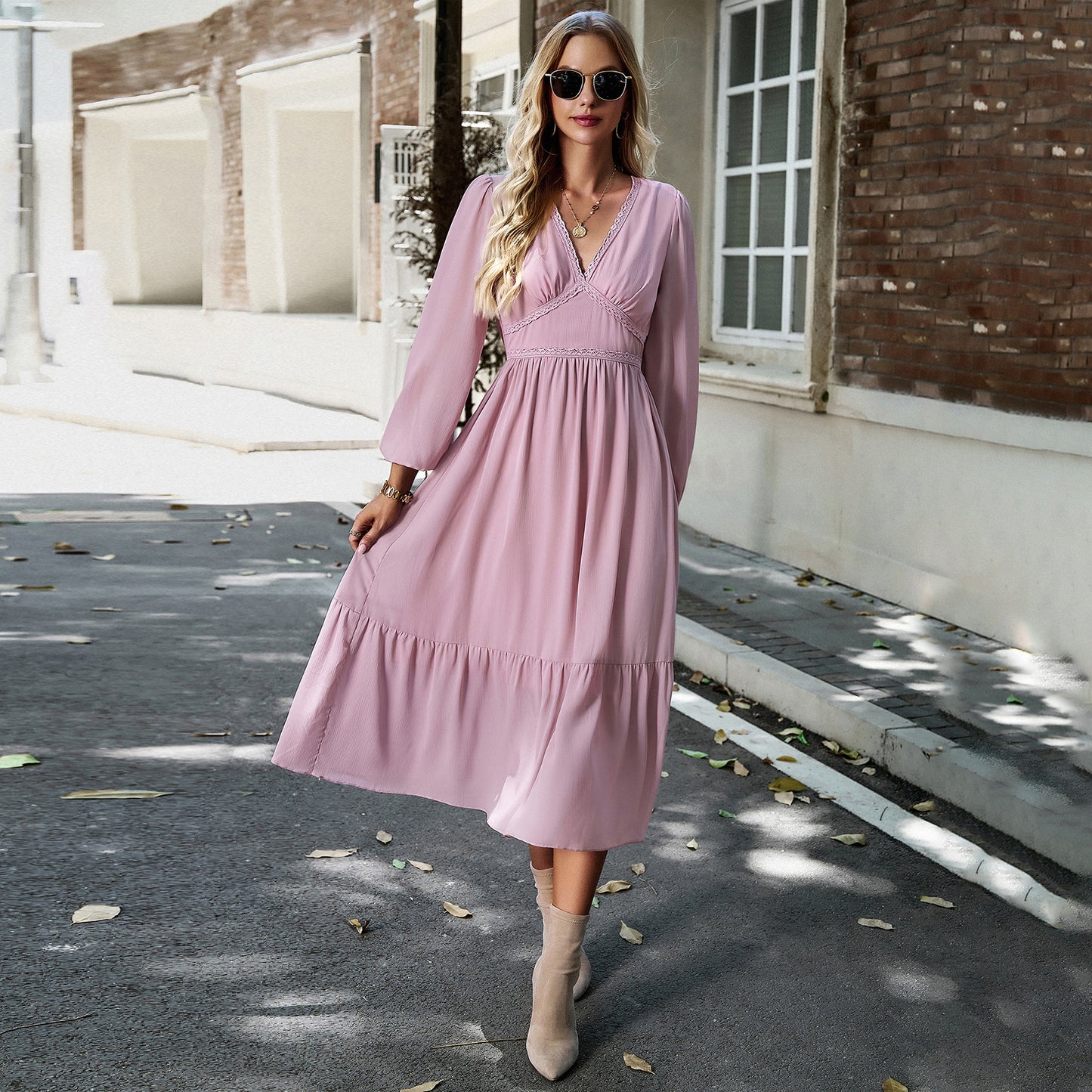 Elegant Solid Color And V-neck Long Dress