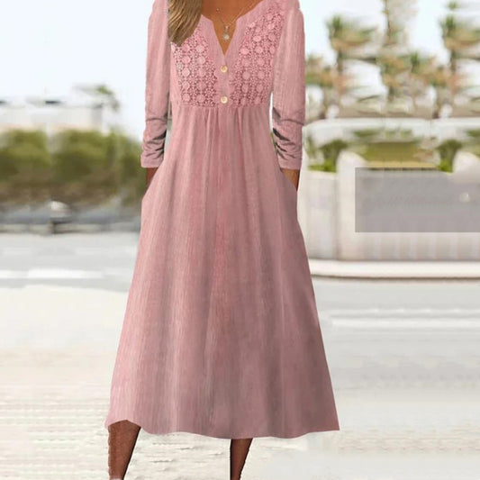 Women's Solid Color Loose Lace V-neck Casual Long Sleeve Mid-length Dress