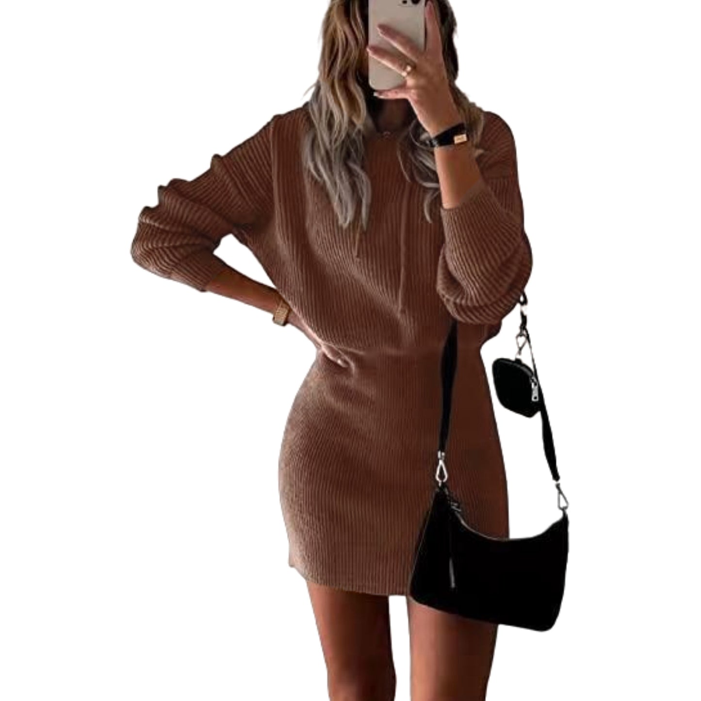 Polyester Casual Dress Solid Color Mid-length Hooded Cinched Waist Pullover Knitted Hip Skirt