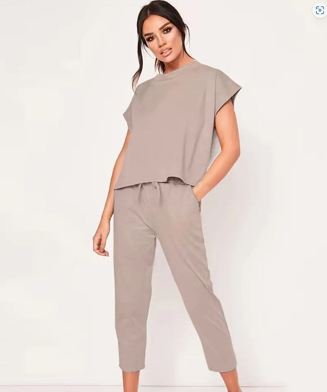 Round Neck Short Sleeve Top and Drawstring Cropped Pants Set