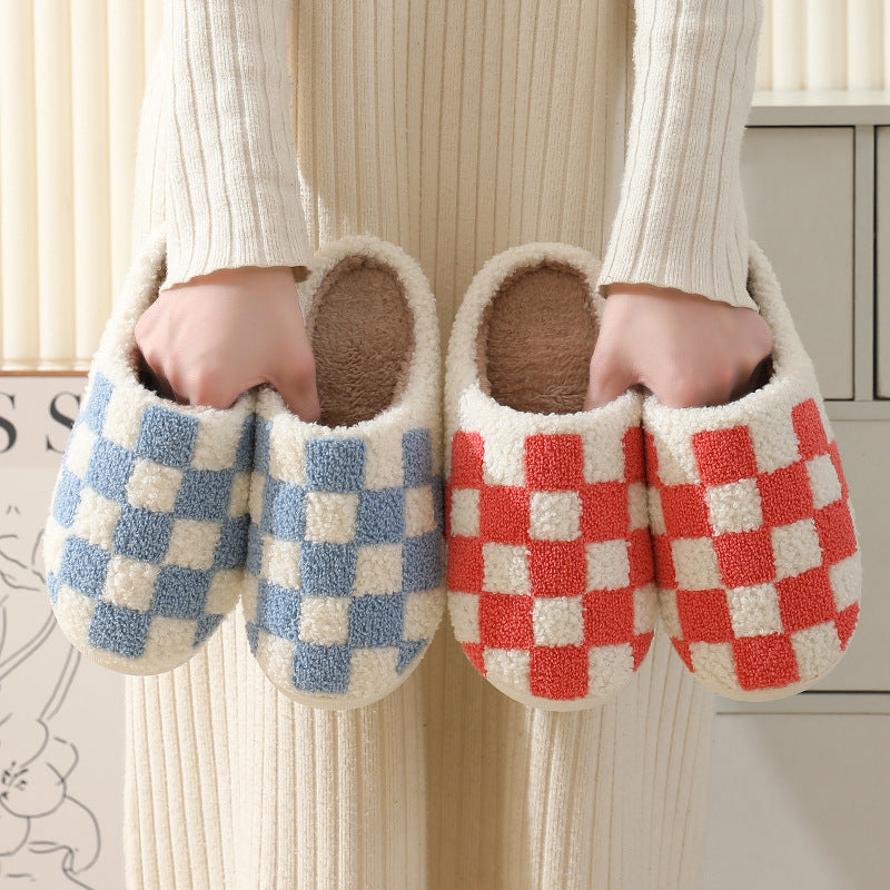 Couple's Winter Checkerboard Print House Slippers