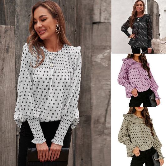 Frilled Lantern Sleeve Polka Dot Chiffon Top