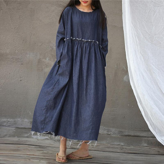 Spring Denim Blue High Waist Pleated Dress with Loose Burrs
