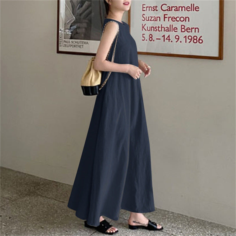 Cotton Linen Loose Round Neck Sleeveless Large Swing Dress For Women