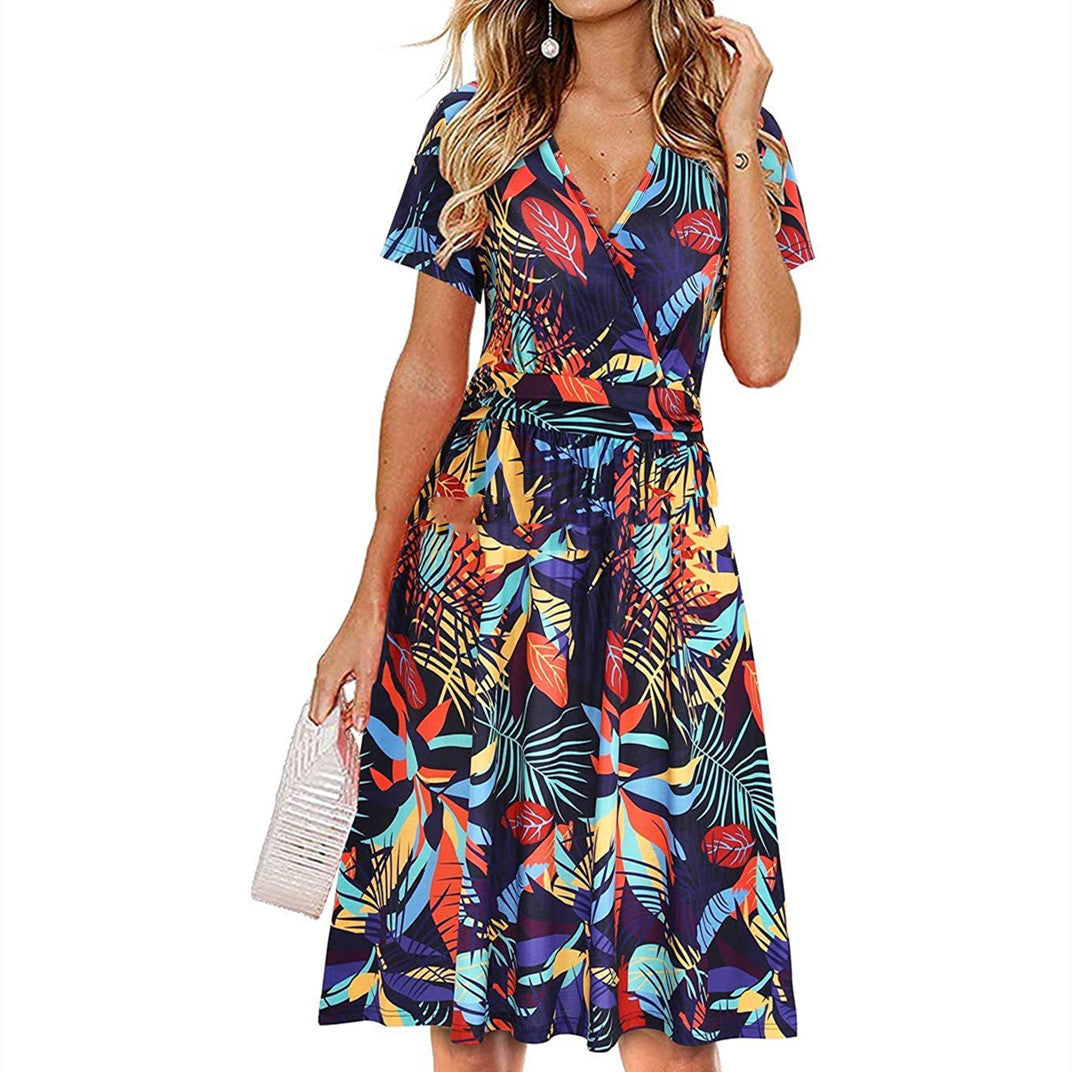 Printed V-neck Wrapped Chest Short Sleeve Pocket Midi Dress