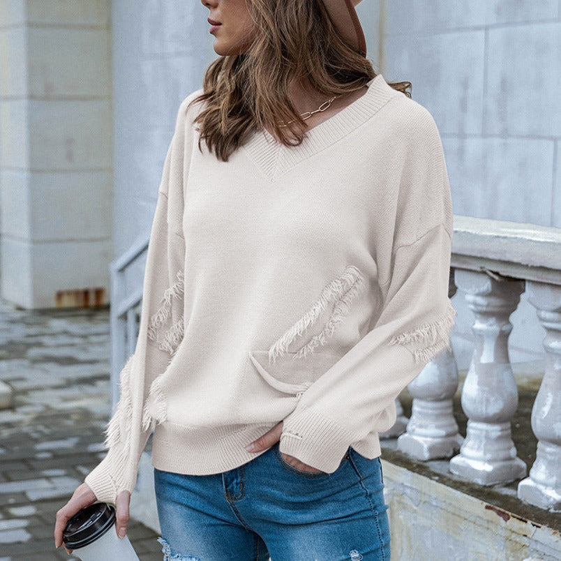 V-Neck Tassel Pocket Pullover Long Sleeve Sweater for Plus-Size Women