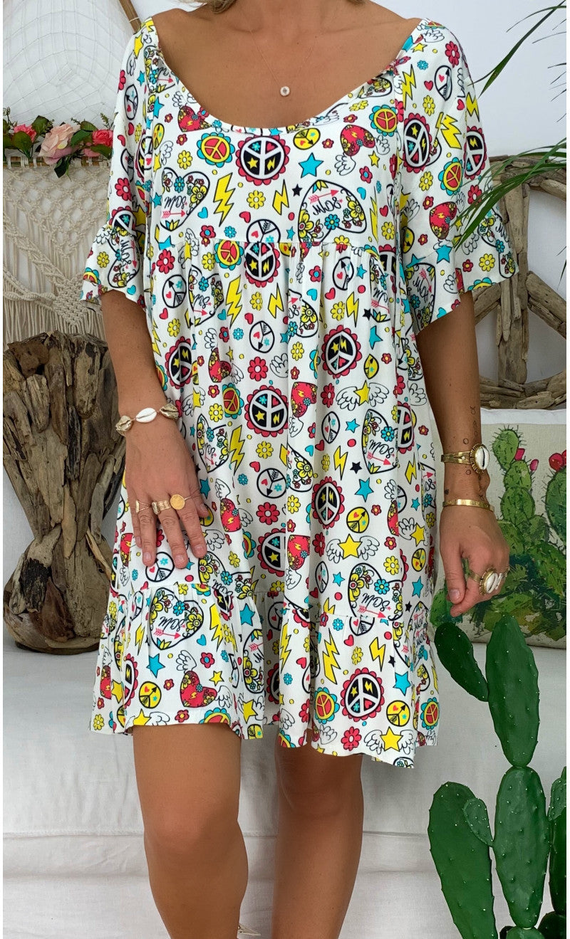 Printed round neck short sleeve ruffle dress