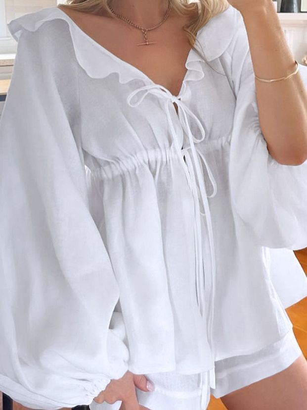 Chic Cotton and Linen Puff Sleeve Casual Suit for Women's Fashion