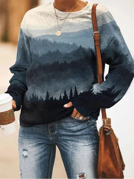 Women's Landscape Floral Print Long Sleeve Pullover