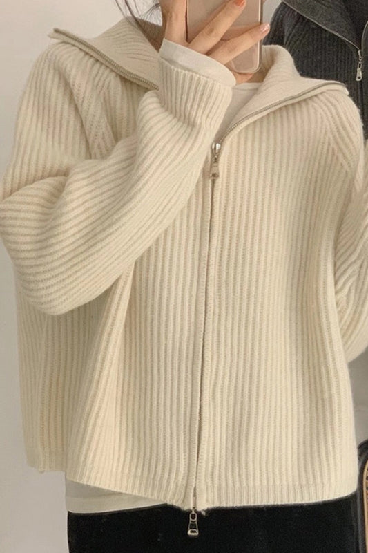 Zipper Knit Cardigan Womens Fashion Loose Outer Wear Lazy Sweater Jacket Top