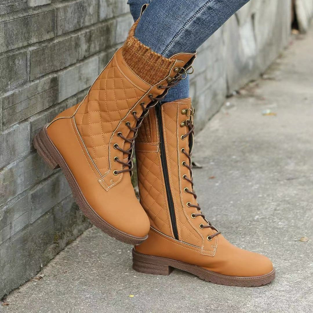 Autumn and Winter Women's Mid-Calf Flat Heel Snow Boots in Solid Color