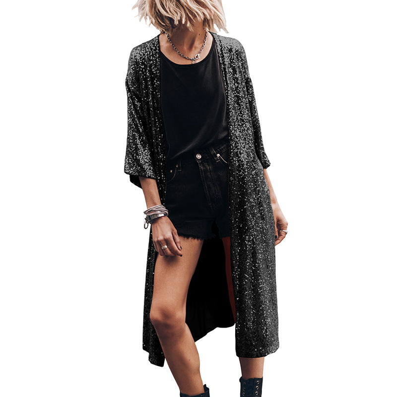 Fashionable Long Beach Cover-up with Sequin Sun Protection Cardigan