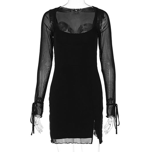 New Fashion Style Long sleeved Sexy Mesh Spliced Split Dress