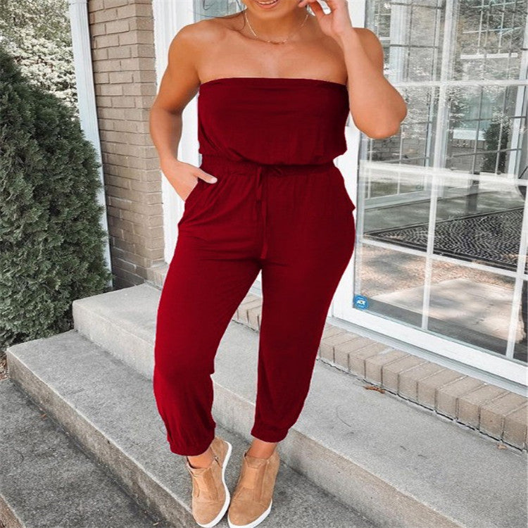 Women's Fashion Casual Off-neck Solid Color Jumpsuit