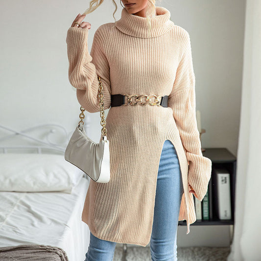 High Collar Sweater Dress in Pure Color with Split Long Sleeves: European