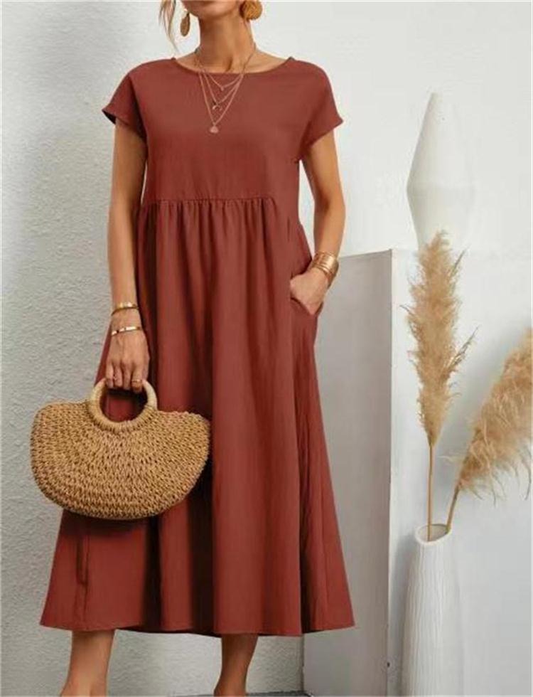 Women Solid color sleeveless loose pocket cotton linen dress