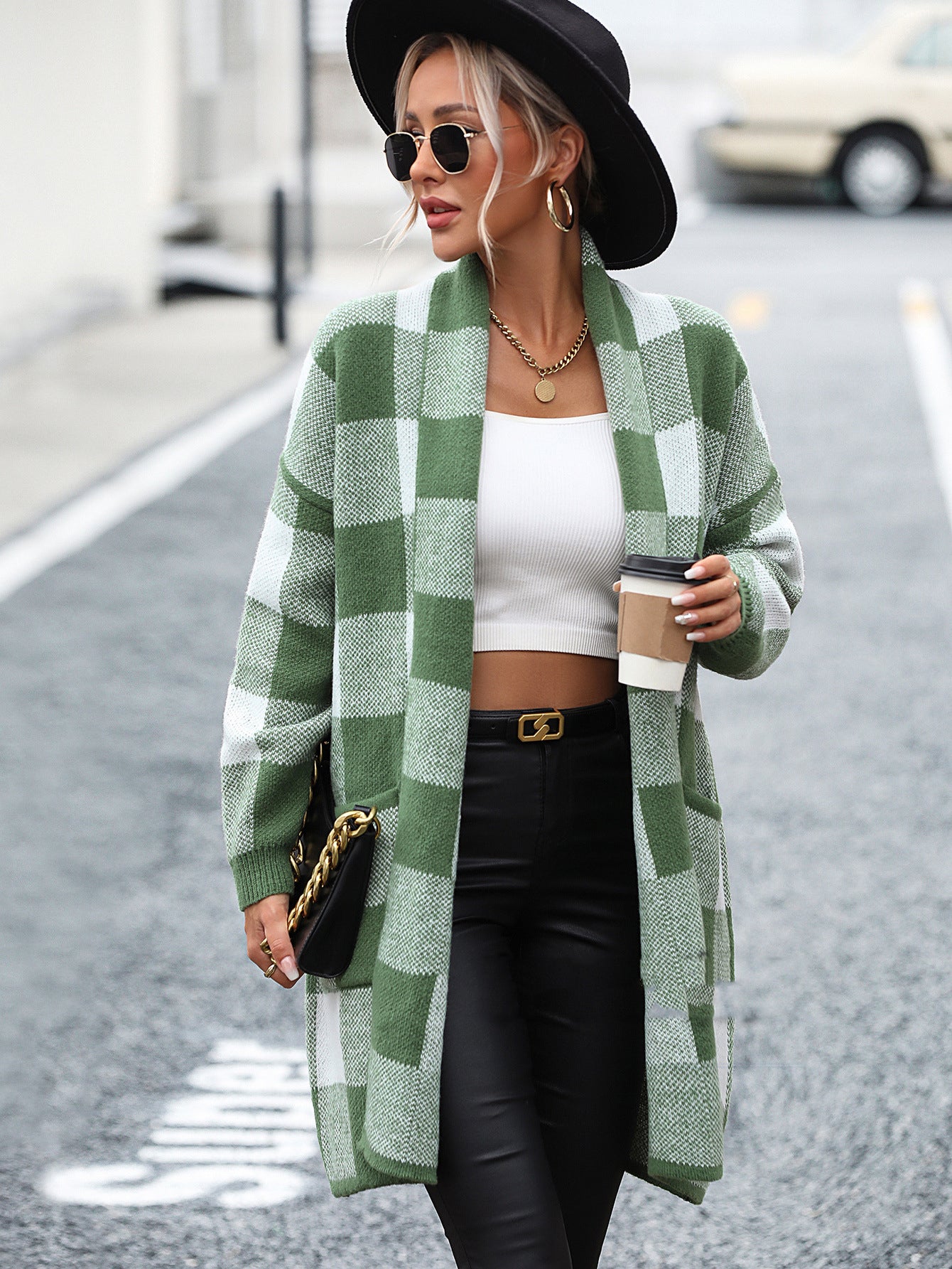 Fashion Sweater: Loose Plaid Color Stitching Knitted Cardigan Coat