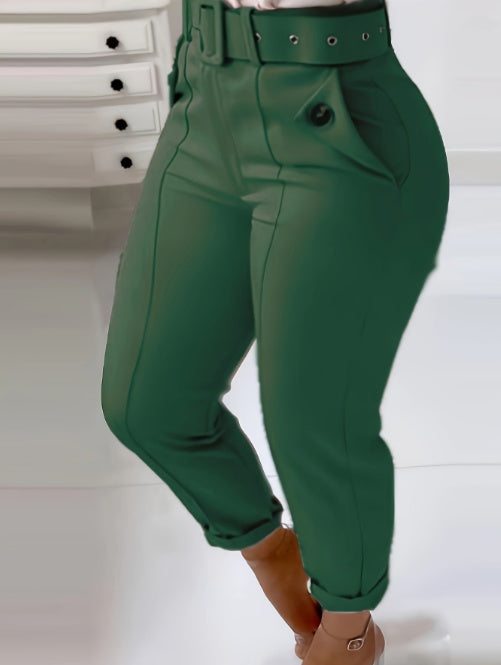 Women's Solid Color Button Detail Casual and Versatile Fashion Pants