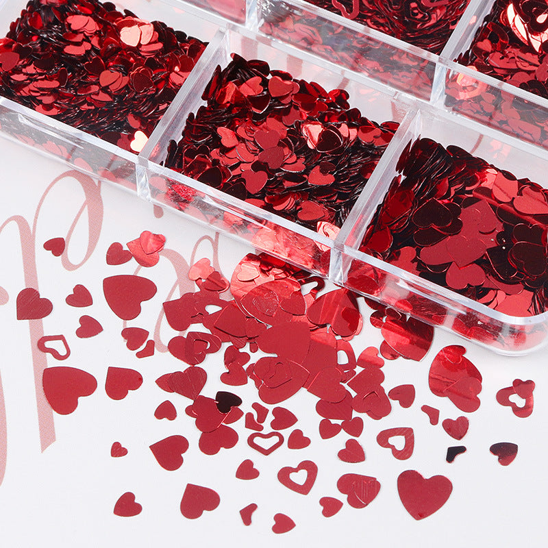 Small 6-cell Box Valentine's Day Series Bright Red Love Cut-out Nail Sequins