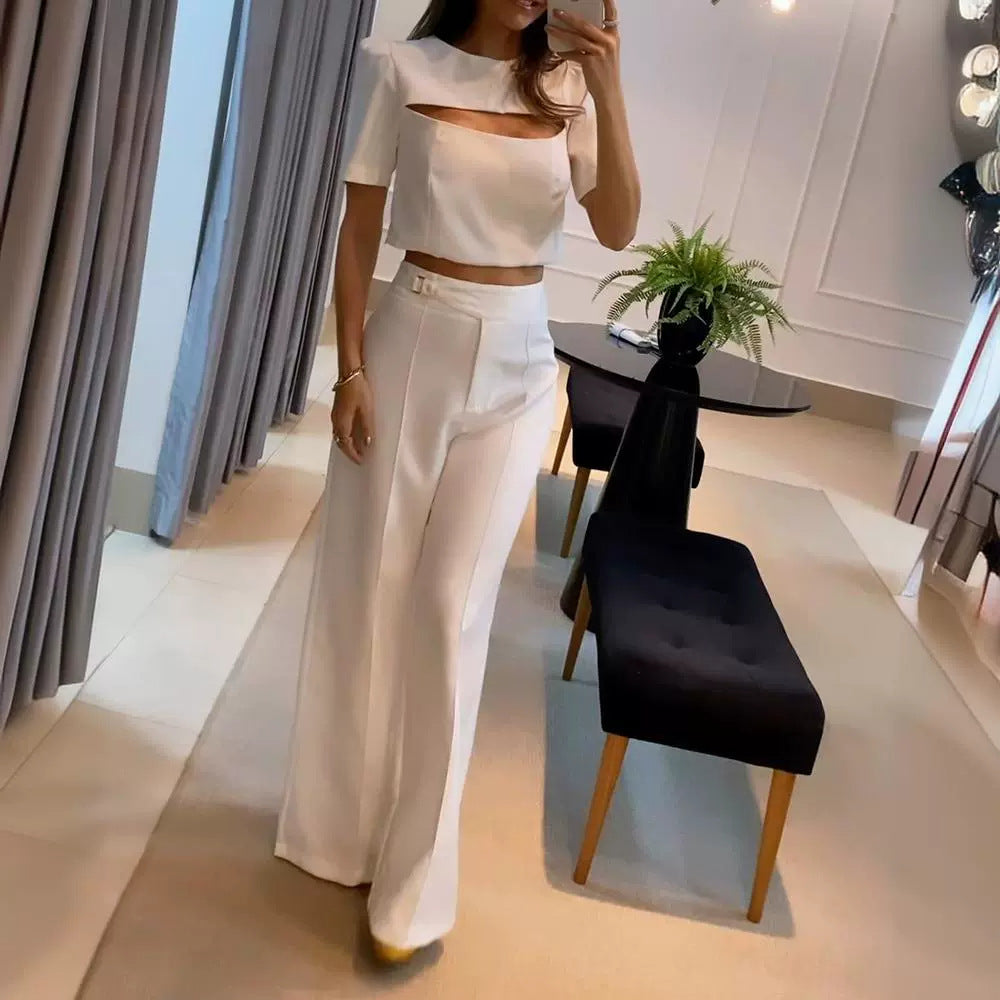 White Short Sleeve Top with Chest Hollow Out Detail - Women's Suit