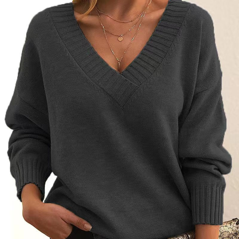 New Knitted Loose V-neck Pullover Top for Women