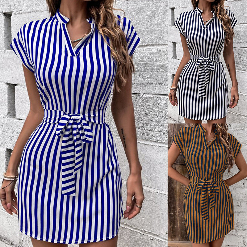 European And American Women's Clothing Sleeveless Striped Lace-up Dress