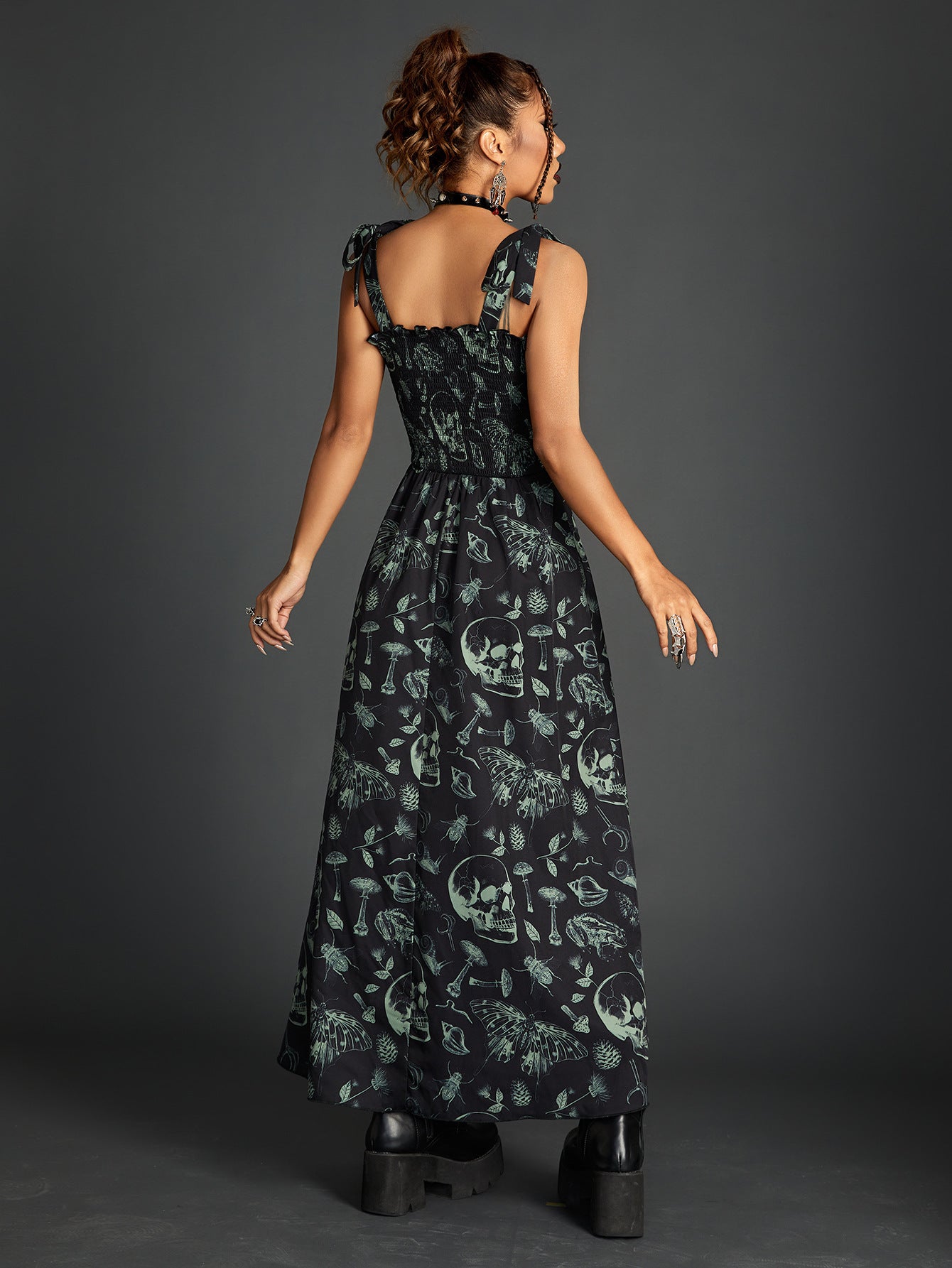 Smocking Lace-Up Tube Top Dress with Dark Printing