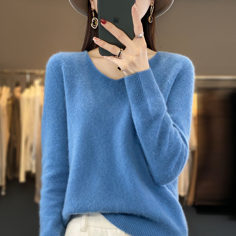 Women's V-Neck Wool Sweater - Solid Color Loose-Fitting Versatile Top for Autumn and Winter