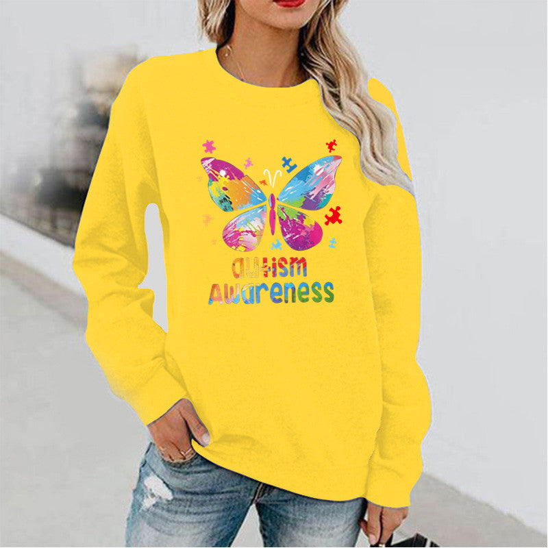 Women's Butterfly Print Long Sleeve Hoodless Round Neck Sweatshirt