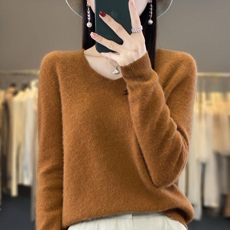 Women's V-Neck Wool Sweater - Solid Color Loose-Fitting Versatile Top for Autumn and Winter