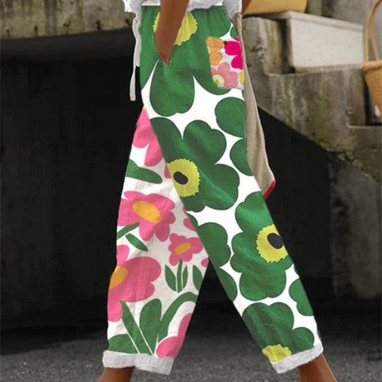 Women's Cotton And Linen Printing Paste Bags Casual Pants