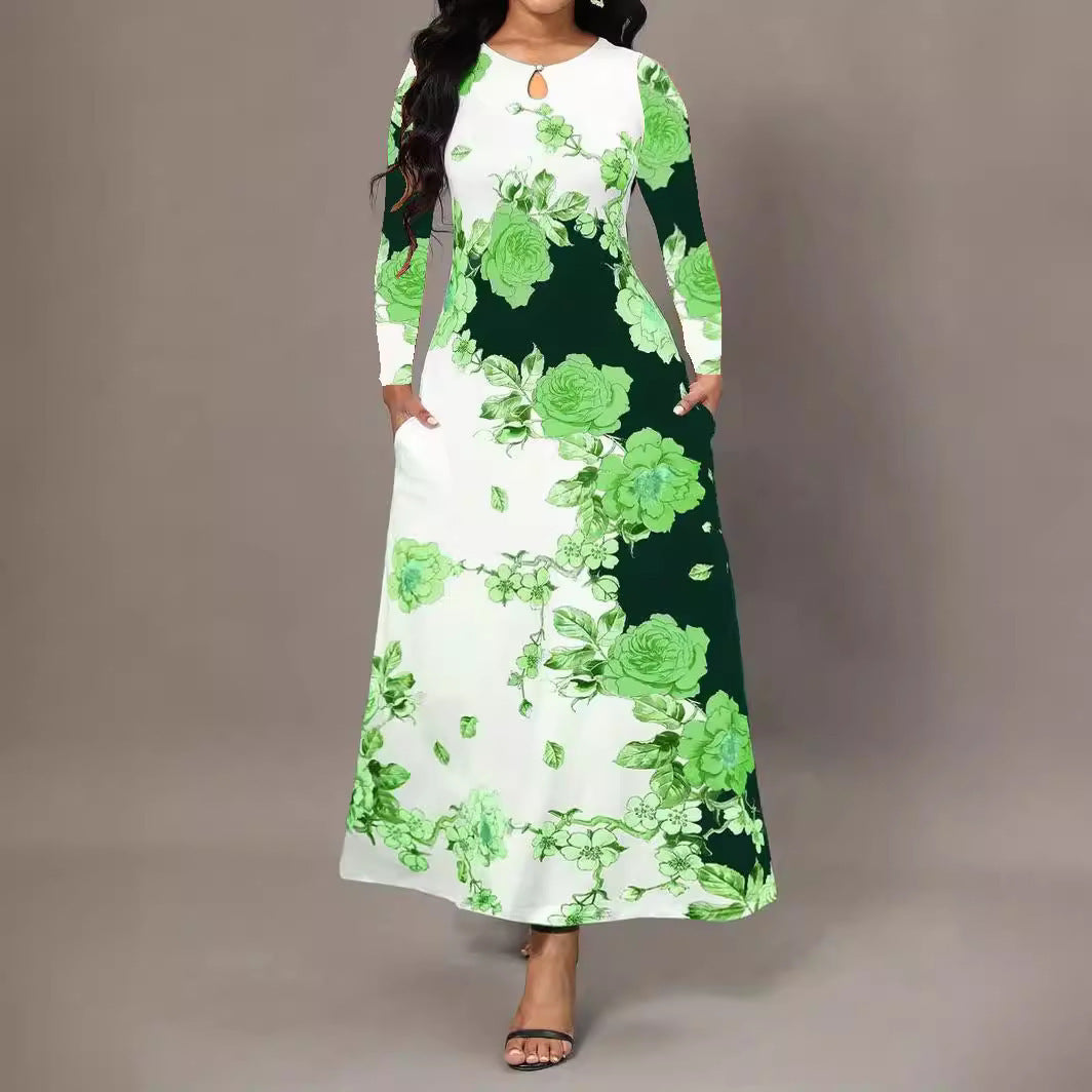 Round Neck Long Sleeve Dress with Printed Pocket and Waist-Controlled Large Hem