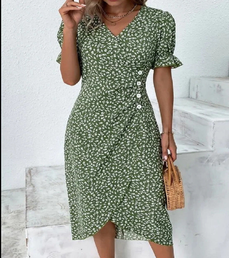 Stylish Women's V-neck Floral Hem Irregular Pattern Print Dress