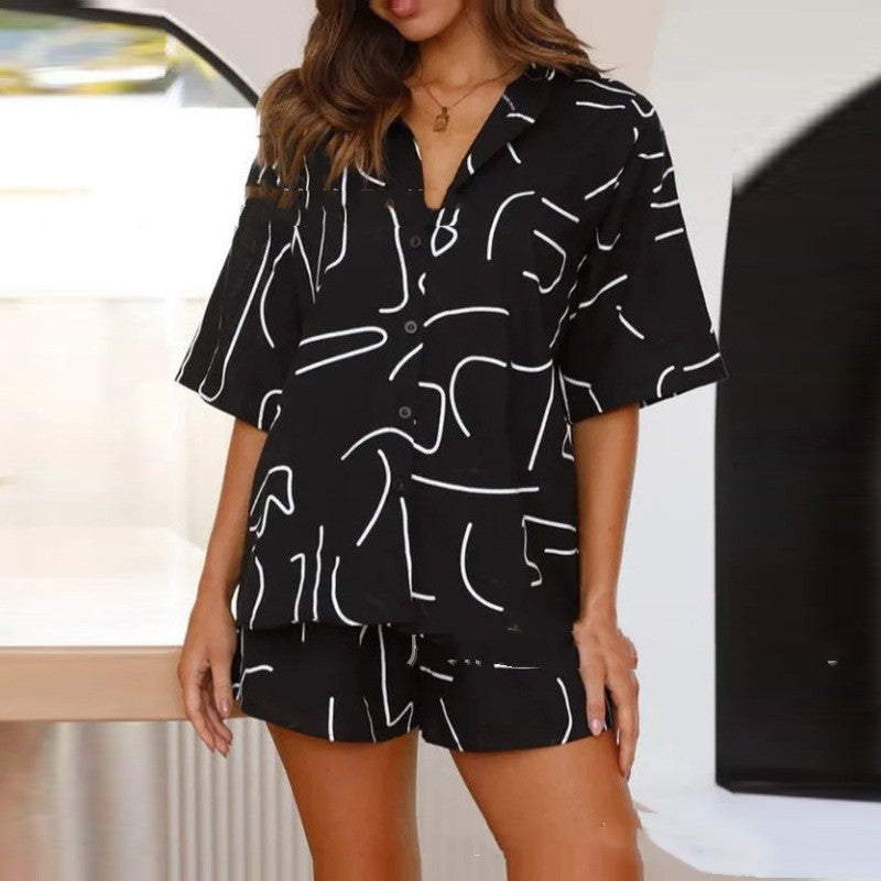 Foreign Trade Women's Clothing Temperament Commute Printed Short-sleeved Shorts Two-piece Set