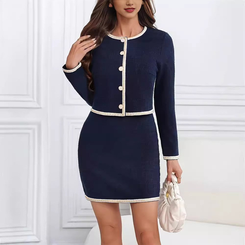 Elegant Fashion Commuter Round Neck Buttoned Chanel Style Short Coat and Mid-length Dress Set