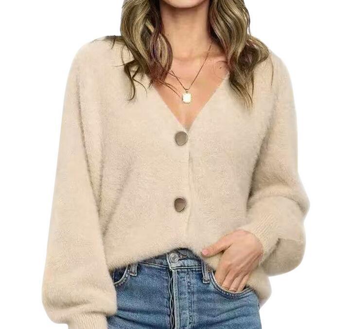 Women's Cardigan Jacket Solid Color V-neck Single-breasted Jacket Sweater Women