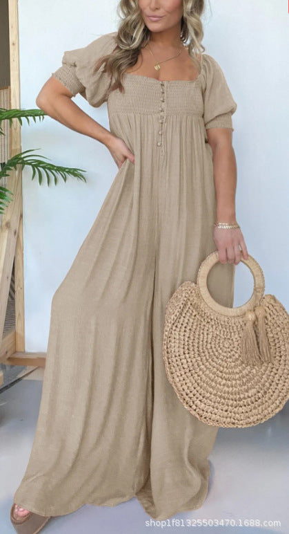 Solid Color Casual Bubble Sleeve Jumpsuit